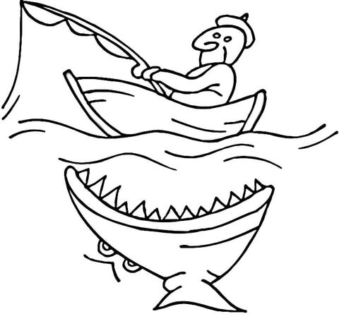 Shark Near Fishing Boat Coloring Page